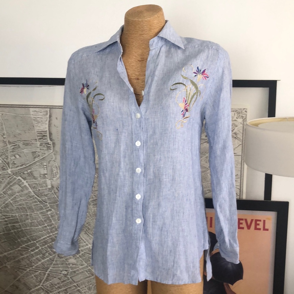 BEATRIZ CAMACHO linen striped embroidered Women's Blue Embroidered size 6